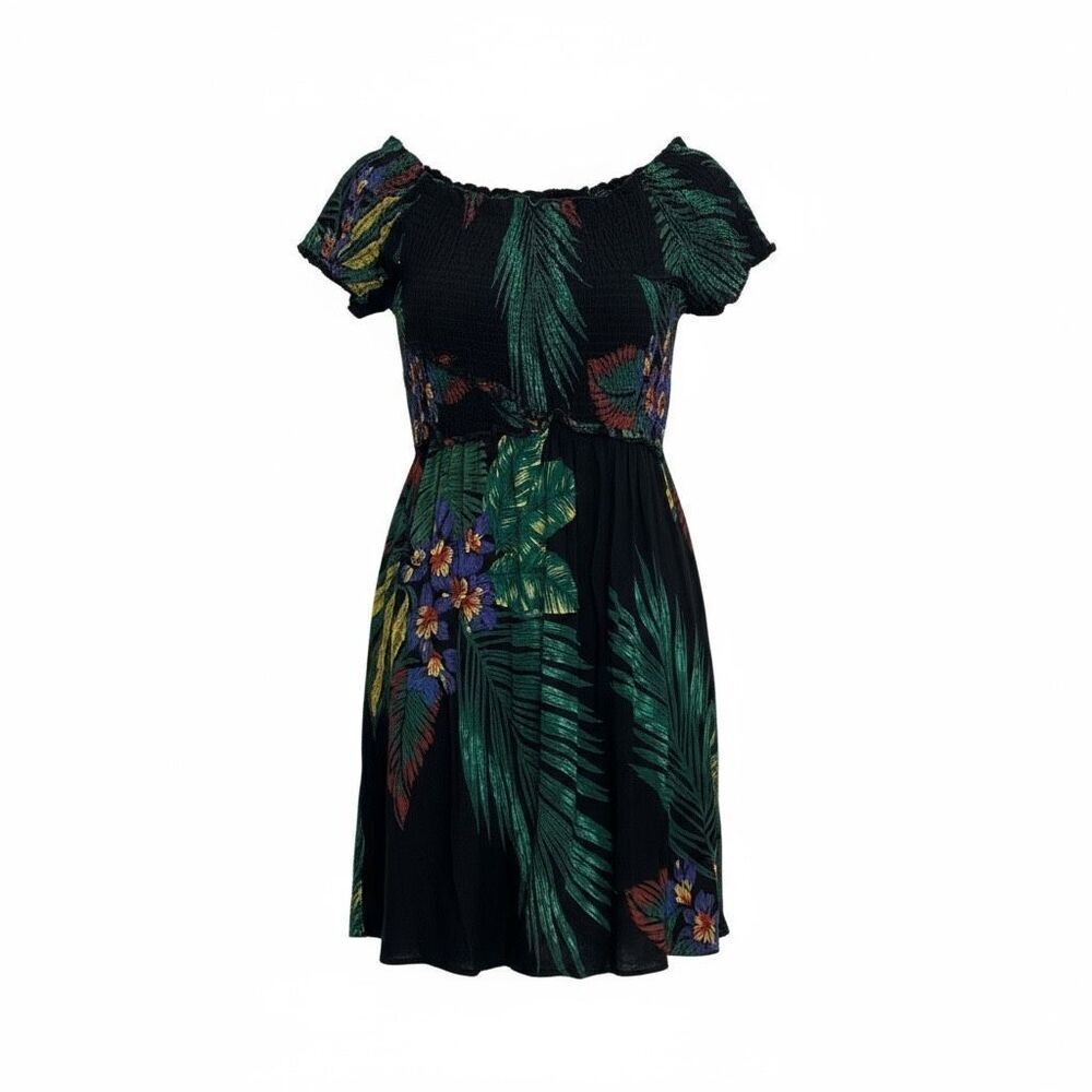 Patrons of Peace Smocked Off the Shoulder Tropical Mini Dress Navy Green Medium
